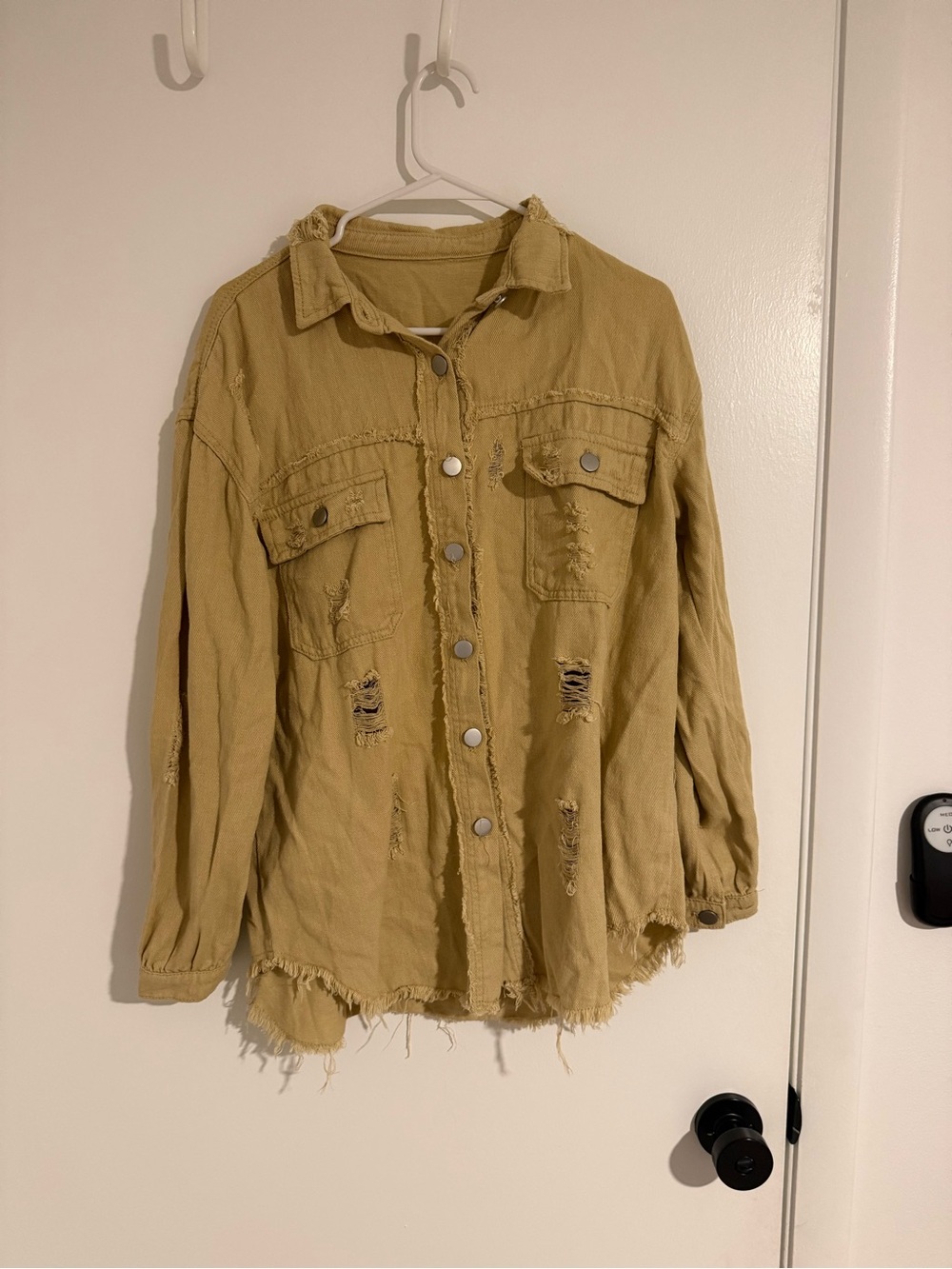 Tan Distressed Denim Shacket Oversized Frayed Button Up Shirt Jacket M
